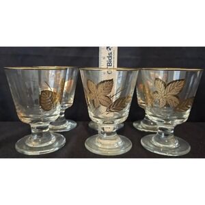 Six Vintage Libby 22K Gold Leaf Footed Glasses